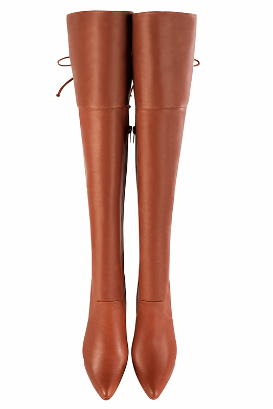 Terracotta orange women's leather thigh-high boots. Tapered toe. Very high slim heel with a platform at the front. Made to measure. Top view - Florence KOOIJMAN